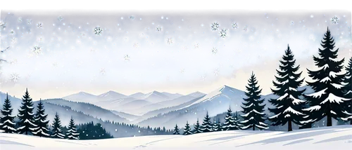 Winter landscape, snowflakes gently falling, soft focus, white snow, evergreen trees, bare branches, snow-covered mountains, misty atmosphere, warm lighting, panoramic view, cinematic composition, sha