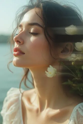 A macro photo of a model woman saint laurent look with flowers, motion blur with a blurred background, a light and airy feel, natural lighting


,woman with flowers in her hair near water,mystical por