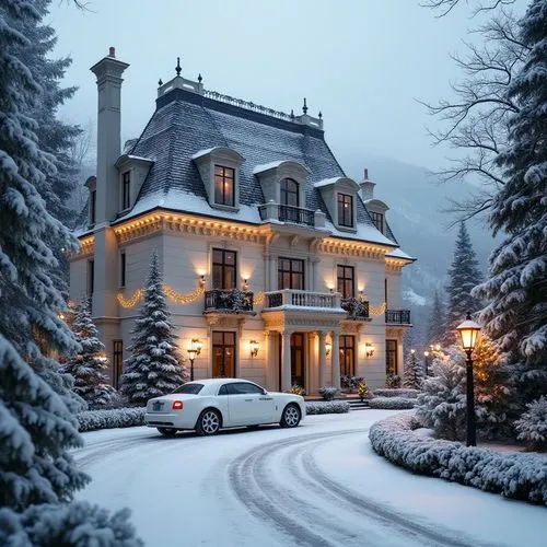 Snow-covered luxury mansion in a French neoclassical style, surrounded by a serene winter landscape. The mansion features a light cream facade with intricate columns, ornate moldings, and tall arched 