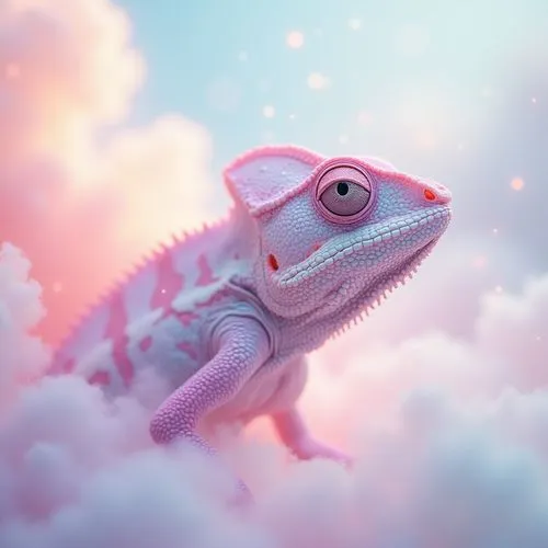 超现实主义，梦幻世界，粉红色和白色，浅粉色和浅蓝色，浅米色和浅紫色，一只粉彩渐变色的变色龙，特写，极限特写，透明水晶左轮眼，神奇眼睛，优雅的身姿，侧视，仰头，变色龙隐藏在粉彩色的缥缈的云雾，变色龙的身体一部分被粉彩云雾遮住了，朦胧美，若隐若现，细颗粒梦幻调色盘软焦点，动态模糊，抽象图形，柔和过渡，极简风格，朦胧，迷幻，半透明荧光，消失粒子风格，轮廓光，发光粒子，弥散渐变，高级感，极简主义，留白，治