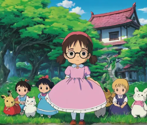 the studio ghibli anime movie "the doll doctor". It is a movie about a girl who wears a pink dress on and glasses who fixes broken dolls and checks their health. One day she is taken to the land of do