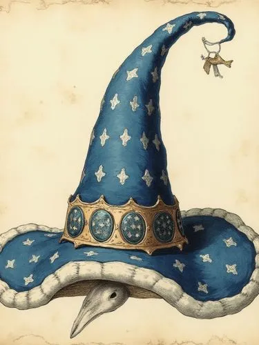 illustrated medieval recipe of a cleric hat, made with occult ingredients and spiritual crystal, on parchment with scratches, intricate details, muted colors, high resolution, blue and white hat, the 