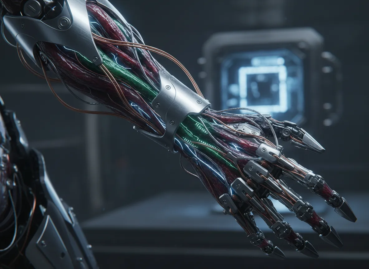 Nahaufnahme eines KI-generierten biomechanischen Arms mit komplexer Verkabelung und organischem Gewebe.