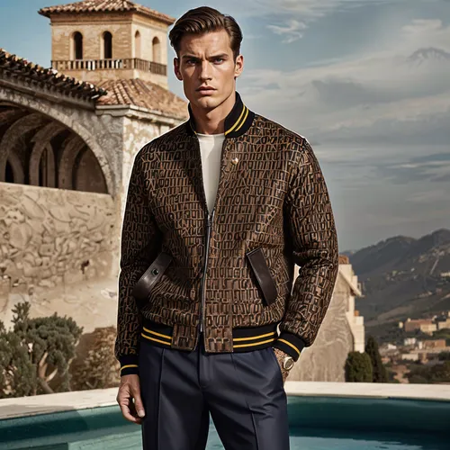 male supermodel, outfitted in Fendi's luxury fashion, featuring a boldly patterned bomber jacket,a man posing for a portrait while standing next to a swimming pool,stenmark,trussardi,zegna,humbert,spo