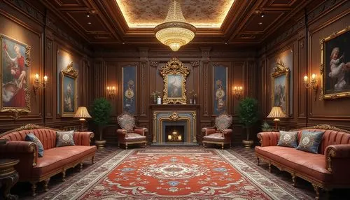 Intricate carvings, ornate patterns, luxurious fabrics, rich wood tones, metallic accents, grand chandeliers, elegant furnishings, refined moldings, sophisticated archways, dramatic staircases, lavish