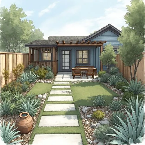 Architectural landscape plot plan of a 30' by 50' back yard located in Santa Cruz, CA, . The design includes a shed, concrete pathways, coastal succulents, native drought-tolerant plants, and cozy out