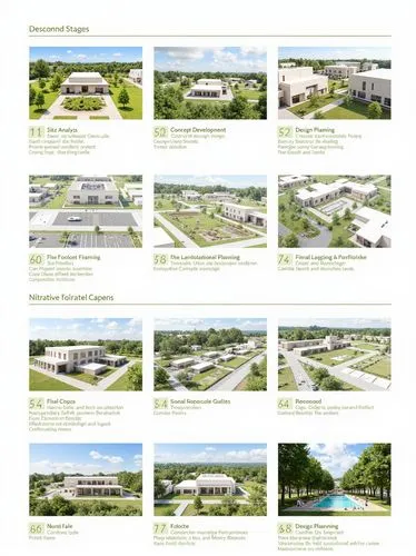 Create a single cohesive slide showing the entire landscape design process. Display a sequence of five stages: site analysis, concept development, design planning, implementation, and final review & m