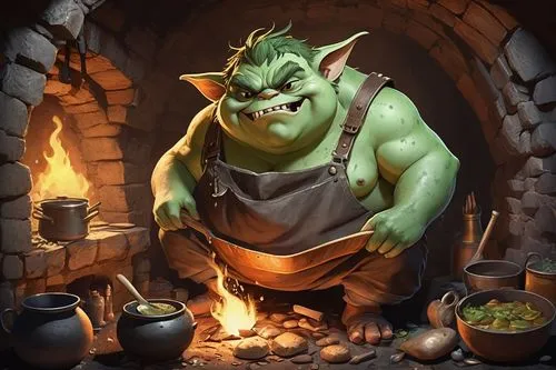 Fat gremlin, green skin, messy hair, bulging eyes, sharp teeth, chunky belly, worn-out leather apron, stained overalls, holding a wooden spoon, cooking in a rusty pot, surrounded by scattered ingredie