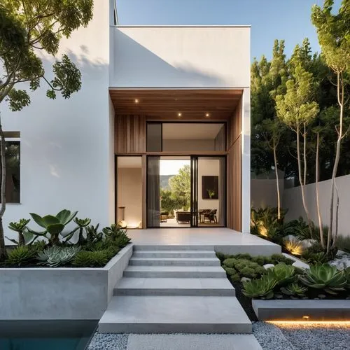 Design a collection of architectural facade ideas inspired by a minimalist modern house with clean lines and natural materials. Reference the provided image with features like a neutral color palette,