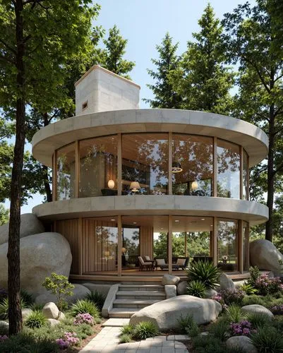 A unique circular villa nestled in a forest, made of textured stone and glass, surrounded by natural boulders and tall pine trees, highlighting a blend of modern and organic architecture, serene and s