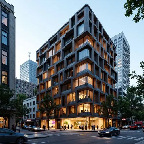 Deconstructed building facade, fragmented forms, irregular shapes, unconventional structures, abstract geometries, clashing materials, vibrant color contrasts, distorted reflections, dynamic lighting 