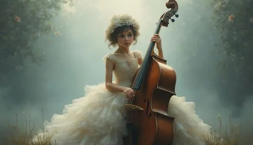 A detailed oil painting: a serene figure of a young girl, adorned in a sparkling white gown and headdress, is seated on the string of a double bass. The background, a light fog, complements the beauty