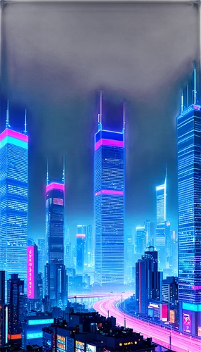 Ultra-high-resolution, digital art, futuristic cityscape, neon lights, skyscrapers, vibrant colors, 4K resolution, widescreen format, panoramic view, atmospheric fog, misty night scene, ambient glow, 