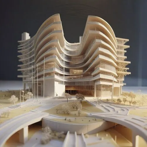 a modern building with a spirally roof,prefab,crown render,prefabricated,prefabrication,renders,model house