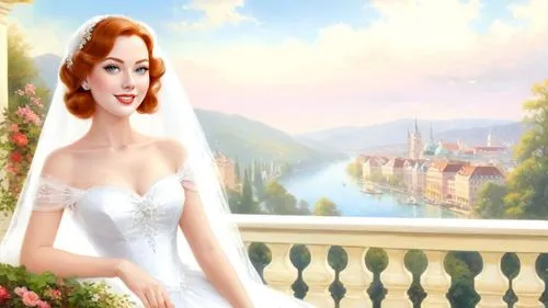Romantic masterpiece oil painting, 1950's kitsch style, Vienna balcony terrace, bridal veil, high res, by Thomas Kinkade, by Bob Ross,a wedding dress that is a painting with a woman in it,the bride,br
