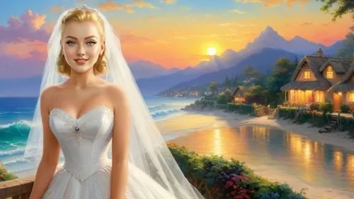 Romantic masterpiece oil painting, 1950's kitsch style, beach village sunset, bridal veil, high res, by Thomas Kinkade, by Bob Ross,a beautiful bride posing for the camera next to a beach,fantasy pict