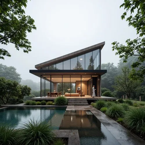  ,a modern house surrounded by trees and water,modern house,pool house,asian architecture,forest house,modern architecture,house in the mountains