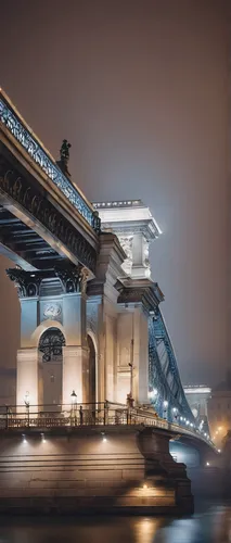 Széchenyi Chain Bridge in Budapest, Hungary at Night with fog over the Danube River,szechenyi chain bridge,danube bridge,bridge new europe,chinese architecture,angel bridge,dragon bridge,chain bridge,