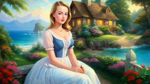 Romantic masterpiece oil painting, cute girl portrait, nostalgic 1950's style kitsch, vibrant seaside cottage landscape, lush tropical paradise, summer beach scenery, by Thomas Kinkade, by Bob Ross, h