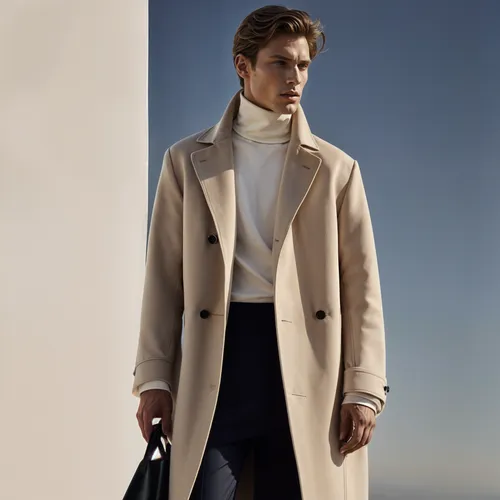 male supermodel, wears Céline's minimalist yet sophisticated style,man in beige overcoat and turtle neck sweater holding handbag standing on steps near columns,overcoat,zegna,overcoats,long coat,great