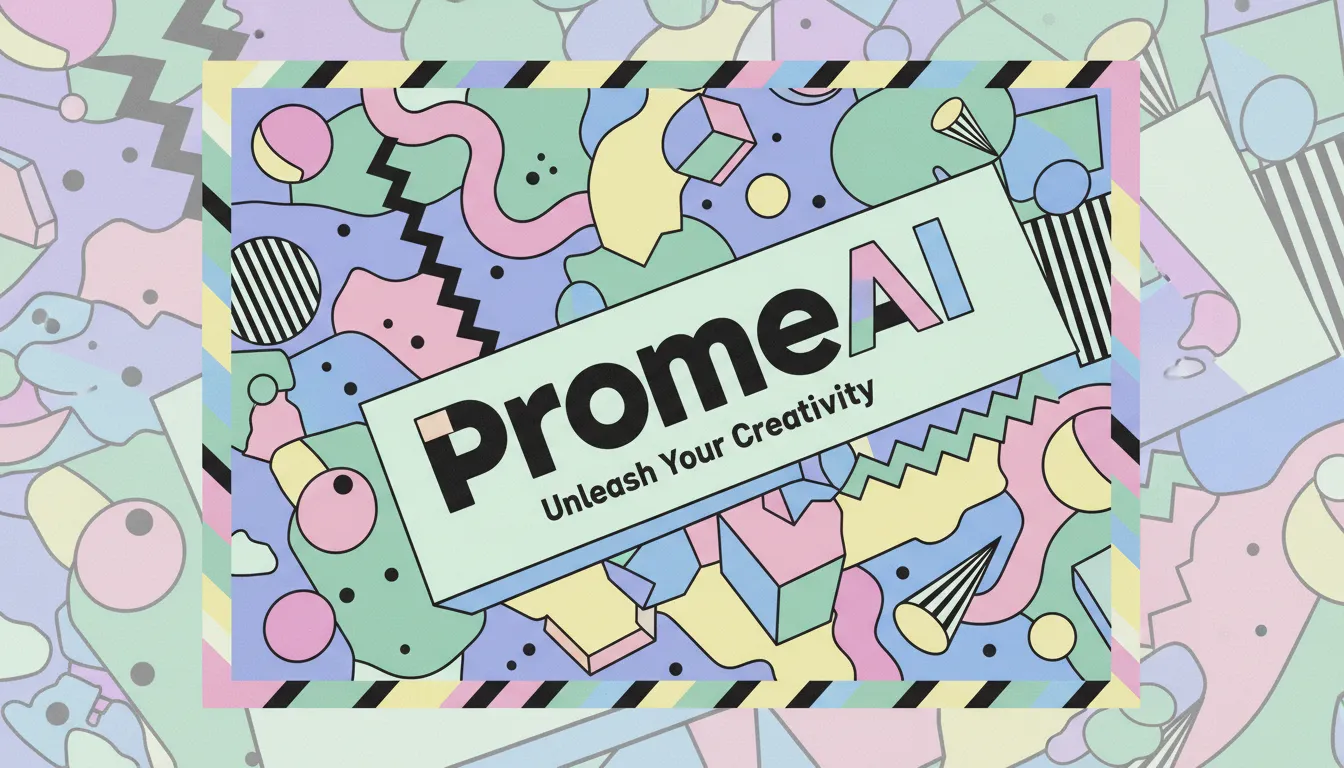 Un vivace poster in stile Memphis Design creato con PromeAI, con forme geometriche audaci, un layout asimmetrico e una palette di colori pastello.