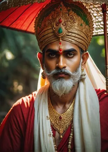 Lord Rama, Indian mythology, crown, golden ornaments, white beard, majestic eyes, red lips, traditional clothing, intricately designed dhoti, ornate umbrella, divine aura, Hindu temple, intricate carv