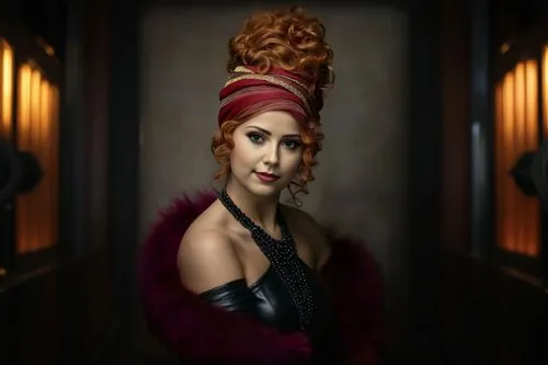 На фоне Большого зала для приемов в футуристическом стиле,an oil painting of a woman with bright red hair wearing a black dress and a fur stole,ceremonials,noblewoman,art deco woman,vintage woman,raja