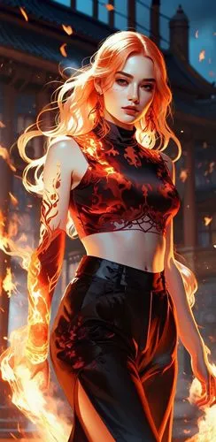 a woman with orange hair and an outfit on is standing in flames,fire background,fiery,burning hair,fire siren,fire angel,flame spirit,flame of fire,infernal,wildfire,fire devil,fire pearl,scarlet witc