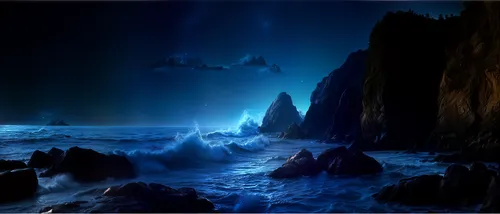 an artist's impression depicts the deep blue waters of the ocean,blue caves,the blue caves,blue cave,sea caves,dark beach,fractal environment,ocean background,fathom,fantasy landscape,virtual landscap