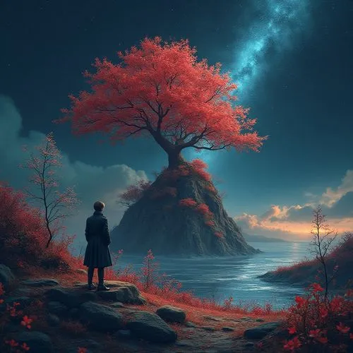 A detailed digital illustration of the comet adorned with intricate branches and leaves, blooming with wonder. A solitary figure in a dark coat, gazing into a vast, colorful sky, contrasts an enigmati