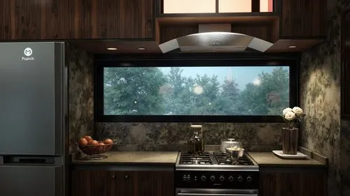 A modern kitchen with a sleek black marble island, plush barstools, and warm pendant lighting, complemented by floor-to-ceiling windows for natural light.,a stove top oven sitting under a large window
