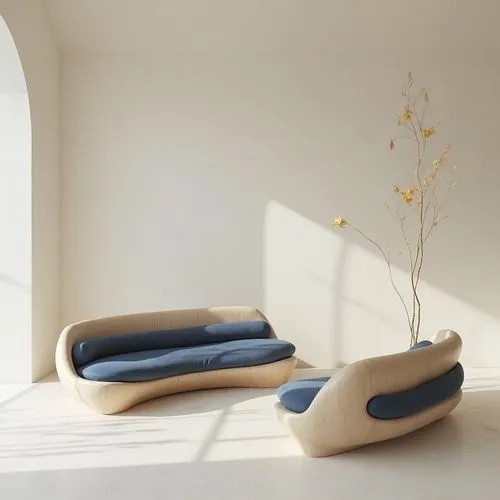 A tranquil and minimalist indoor design emphasizing organic forms and natural materials. The atmosphere is serene and spacious, featuring a neutral palette dominated by soft whites, warm beiges, and s