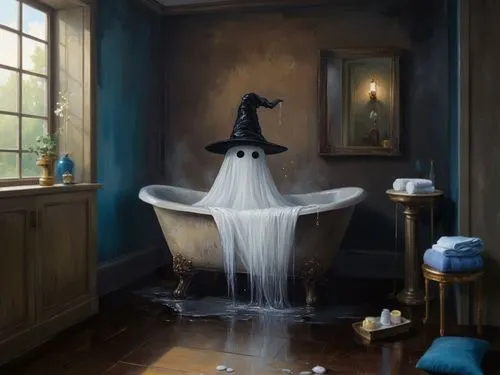 oil painting texture, whimsical bathroom,a bathroom scene with a bathtub in the shower covered in ghost like material,the girl in the bathtub,bath,bath room,bathtub,washlet,bath with milk