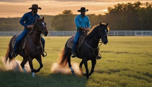 Majestic horses, two horses, standing, galloping, racing, horse riding, cowboy hat, boots, rodeo arena, sunset, golden light, warm atmosphere, realistic fur texture, detailed muscles, shiny coat, flow