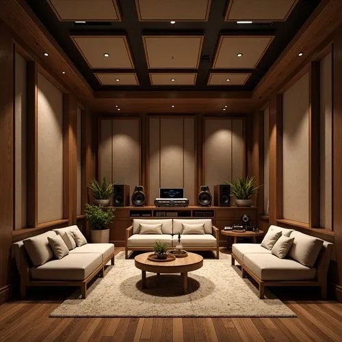Cozy home theater, soundproofing materials, acoustic panels, geometric patterns, wooden frames, soft fabric upholstery, calming ambiance, warm color scheme, minimalist decor, high-fidelity speakers, s