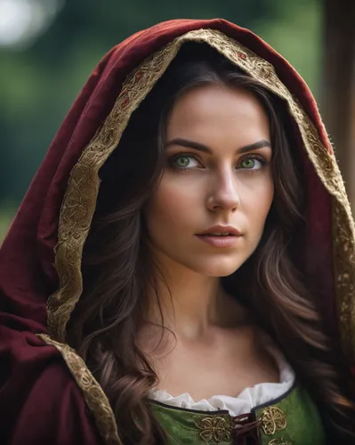 Make a beautiful female with a dark long hair and green eyes, make her dressing a medieval dress and a cloak,celtic queen,red riding hood,girl in a historic way,little red riding hood,celtic woman,mys