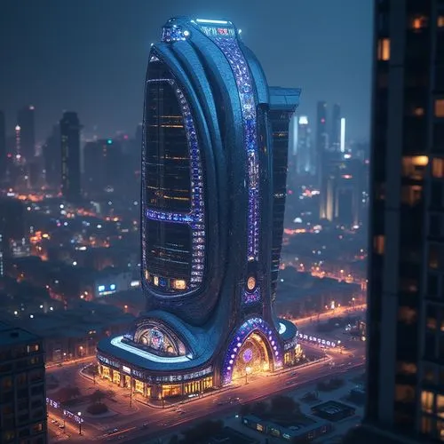 Lavacrete material, futuristic, high-tech, sleek, metallic sheen, iridescent colors, glowing accents, intricate patterns, ornate details, luxurious ambiance, modern architecture, skyscraper, cityscape