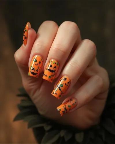 Nils Design, hallowen nails,
VPumpkin Patch Perfection: Nails painted in various shades of orange with cute black jack-o'-lantern faces, green accents for stems and vines. detailed realistic fingers w
