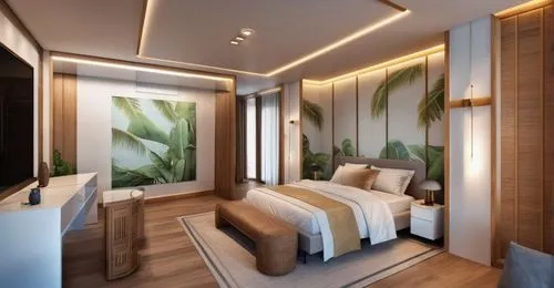 Bedroom with wallpaper and wood covering. make the SkechUp image realistic with the same colors and textures. Painting on the wall and wallpaper at the back of the bed. use luxury decorative lightings