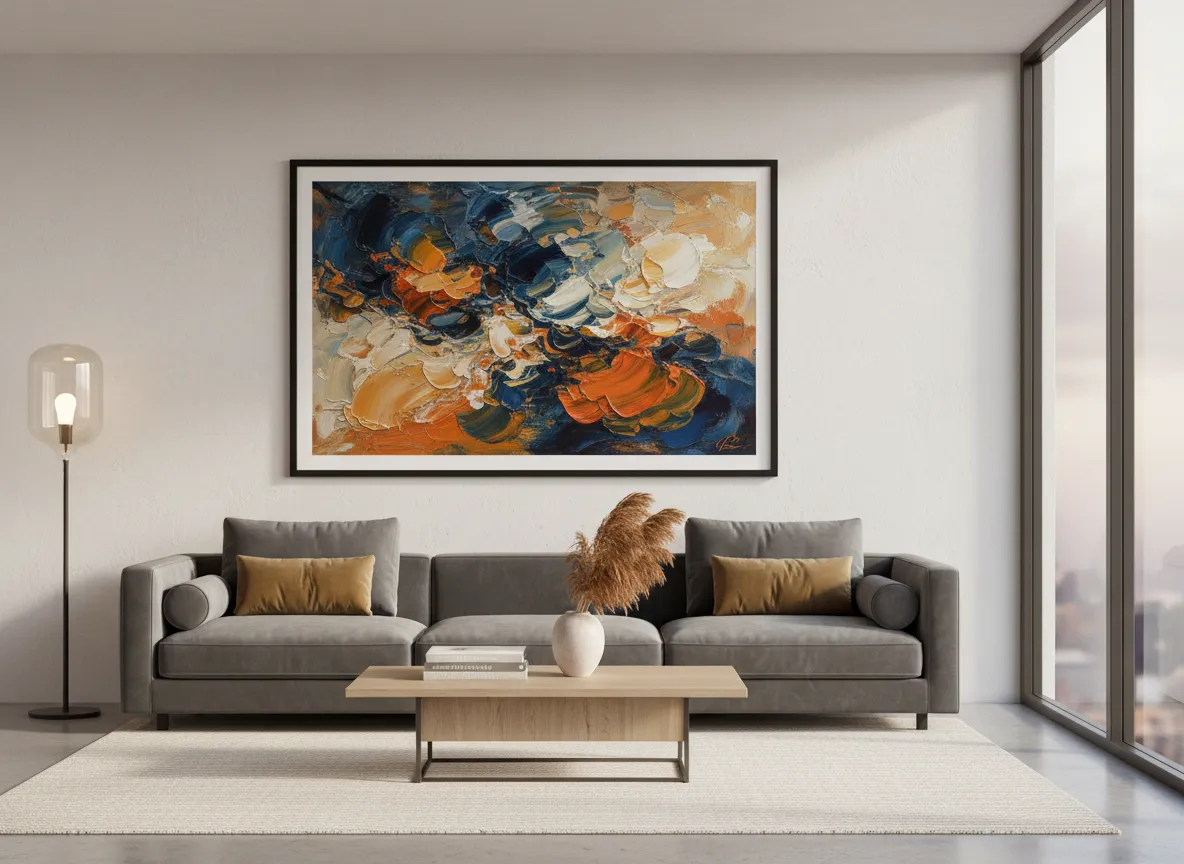 Un mockup di interior design che presenta un grande poster incorniciato con un design astratto a spatola appeso sopra un divano moderno.