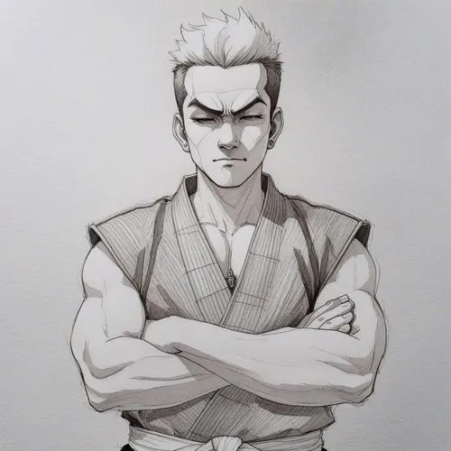 anime character drawing of a man with his arms crossed,shogun,angry man,wolverine,scowling,scowl,scowls,boxer,archer,swordsman,lancer,grump,endeavor,muscle man,male character,grumpy,shin,sting,grunted