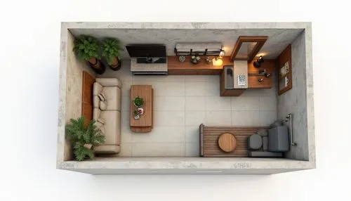 cocina comedor estar modernos con detalles de pintura modernos, suelo de revestimiento ceramico arena con guardas, mesada de granito con bajos mesadas de madera colorada, y ventanas para ventilacion e