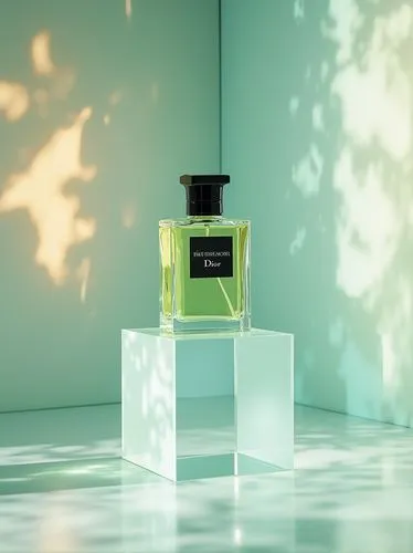 There is a transparent stage below the perfume bottle and a perfume bottle above the transparent cube,Product photography of a Dior green perfume bottle, with a black label and white background, on th