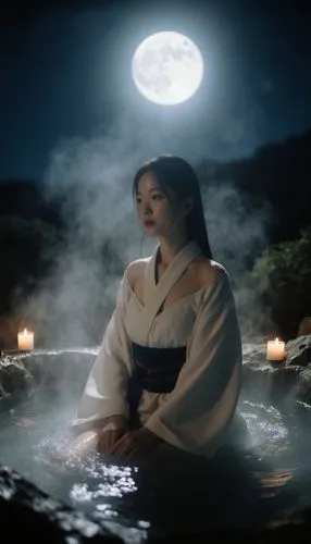 cursed photo of 1girl, solo, adult woman shrine maiden, traditional shrine maiden clothing, off shoulder robe, (barely visible breasts:0.7), modesty wrapping full body, sitting, imagining expression, 
