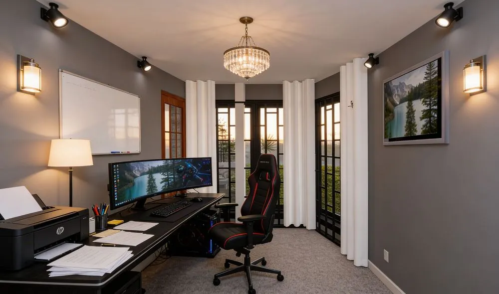 the interior of a home office area with a desk, chair and a large monitor