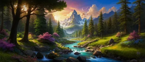 a painting of mountains with trees and water,fantasy landscape,landscape background,nature background,fantasy picture,world digital painting,river landscape,nature landscape,forest landscape,mountain 
