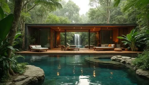 A modern villa nestled deep within a tropical rainforest, designed with an open floor plan that blurs the line between indoor and outdoor spaces. The villa’s glass walls slide completely open to revea