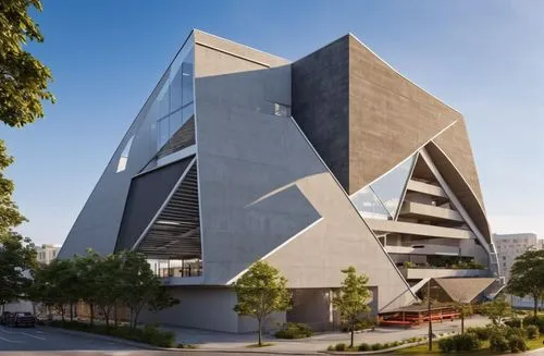 building with parking podium,a large modern building is shown with trees on either side of it,modern architecture,new building,metal cladding,cube house,biotechnology research institute,music conserva