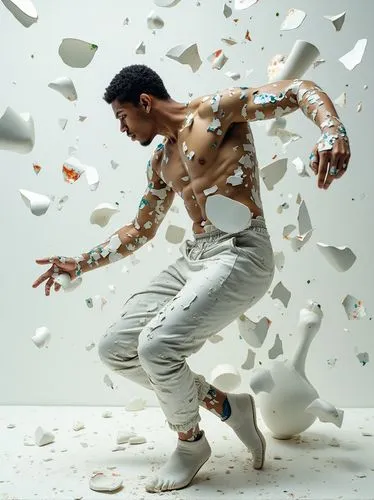 a young african-american male, his body and face appearing fractured and splintered, intricately embedded within a sea of broken white porcelain and white paint. The porcelain glistens with splatter p