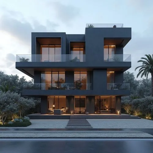 A contemporary, multi-story luxury residence showcasing a bold, geometric composition of stacked rectangular volumes in deep charcoal and slate hues. The façade features sleek glass railings, spacious
